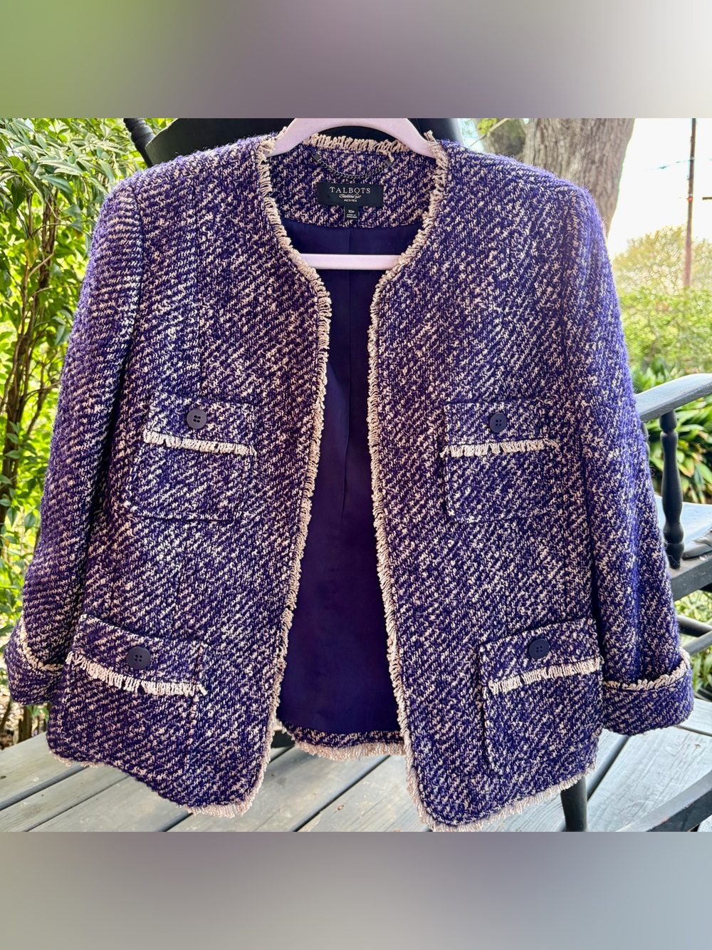EUC! TALBOTS Women’s Size 10P Purple Tweed Fringe Jacket Open Blazer- Worn Once